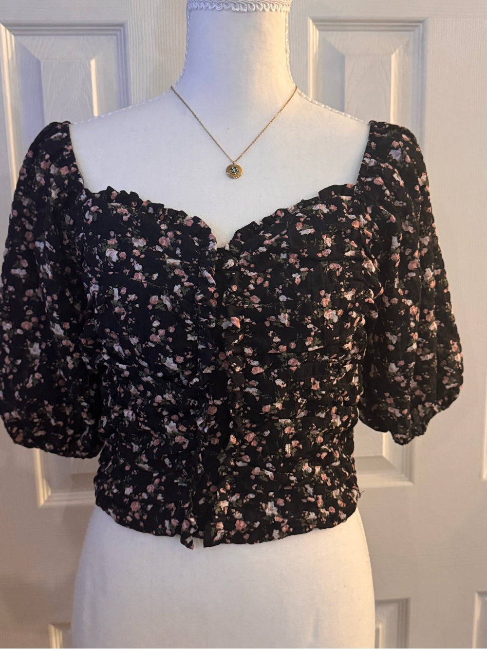 Altar'd State Black Crop Top with Pink Floral Print
